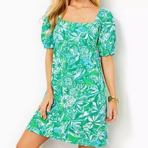 Delaney Short Sleeve Dress in Botanical Green Safari Sangria